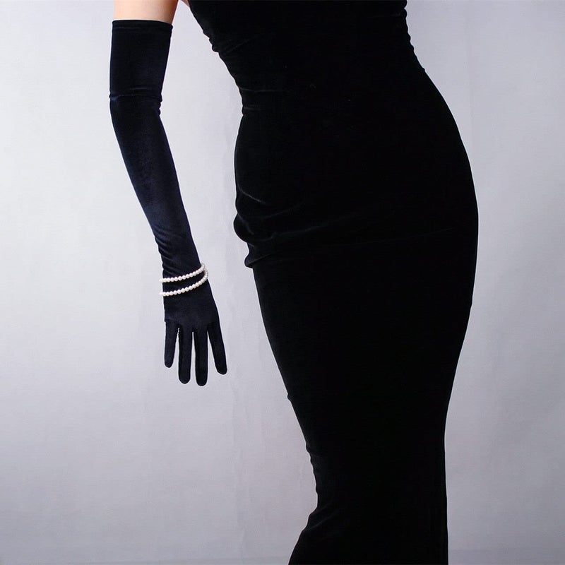DooWay Black Long Velvet Opera Gloves TOUCHSCREEN 24 Inches Stretchy Women Evening Wedding Warm Gloves One Size - Image 3